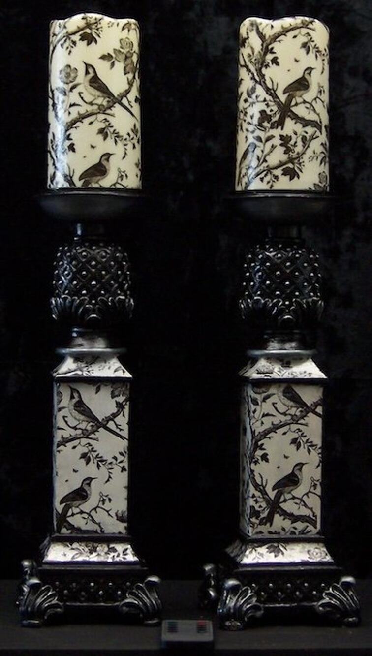 Gothic Altar Candlesticks Pair Dark Academia Flameless LED Pillars Toile Lamp